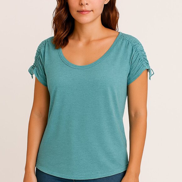 Columbia Tee Top Scooped Neck Gathered Shoulders Short Sleeve Aqua Medium - Picture 1 of 11